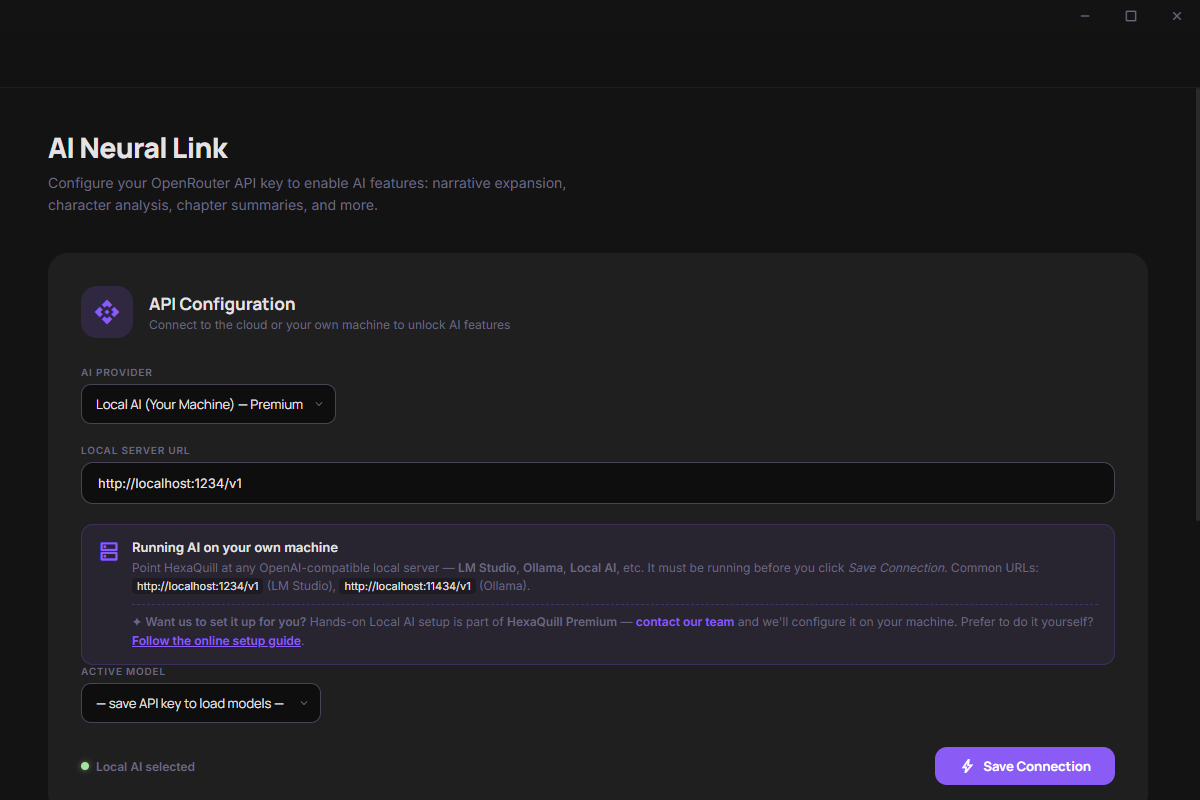 HexaQuill Local Server URL field filled in with http://localhost:1234/v1