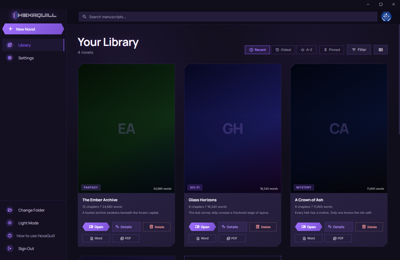 HexaQuill library in the Violet theme showing demo novel cards, chapter counts, word counts and writing controls